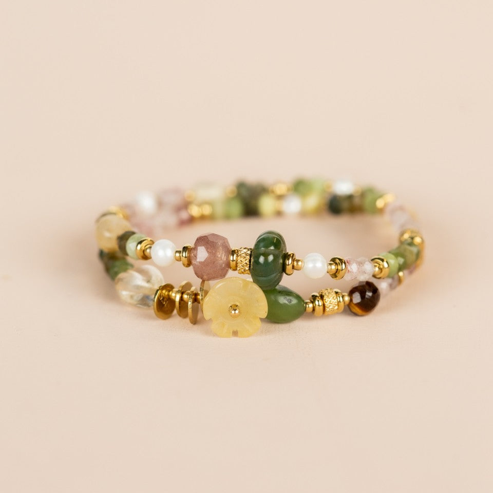 Elastic Wrap Bracelet Strawberry Quartz, Green Jade, Yellow Opal and Citrine
