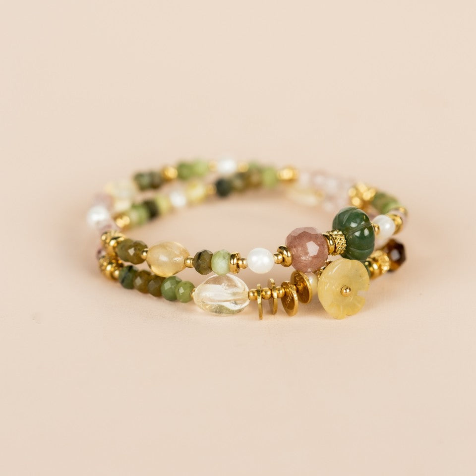 Elastic Wrap Bracelet Strawberry Quartz, Green Jade, Yellow Opal and Citrine