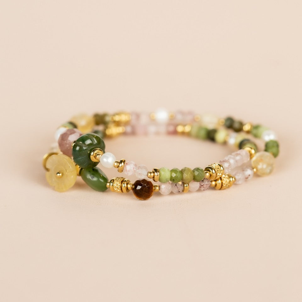 Elastic Wrap Bracelet Strawberry Quartz, Green Jade, Yellow Opal and Citrine