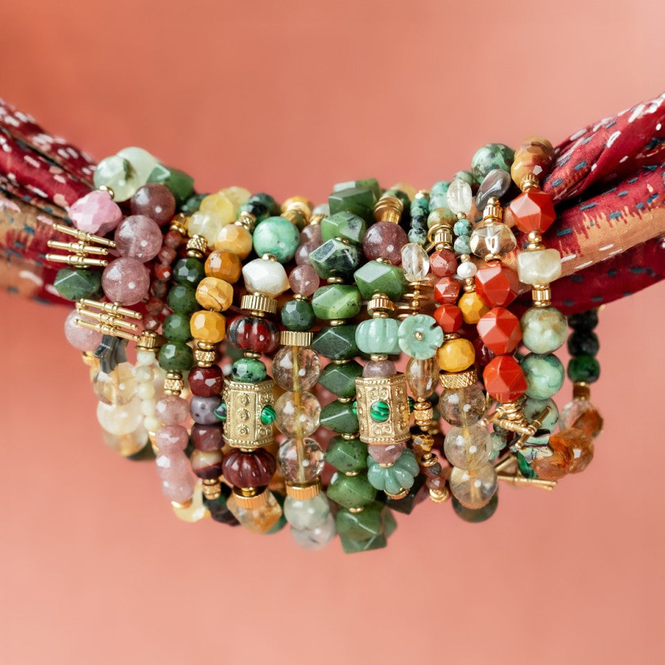 Elastic Wrap Bracelet Strawberry Quartz, Green Jade, Yellow Opal and Citrine