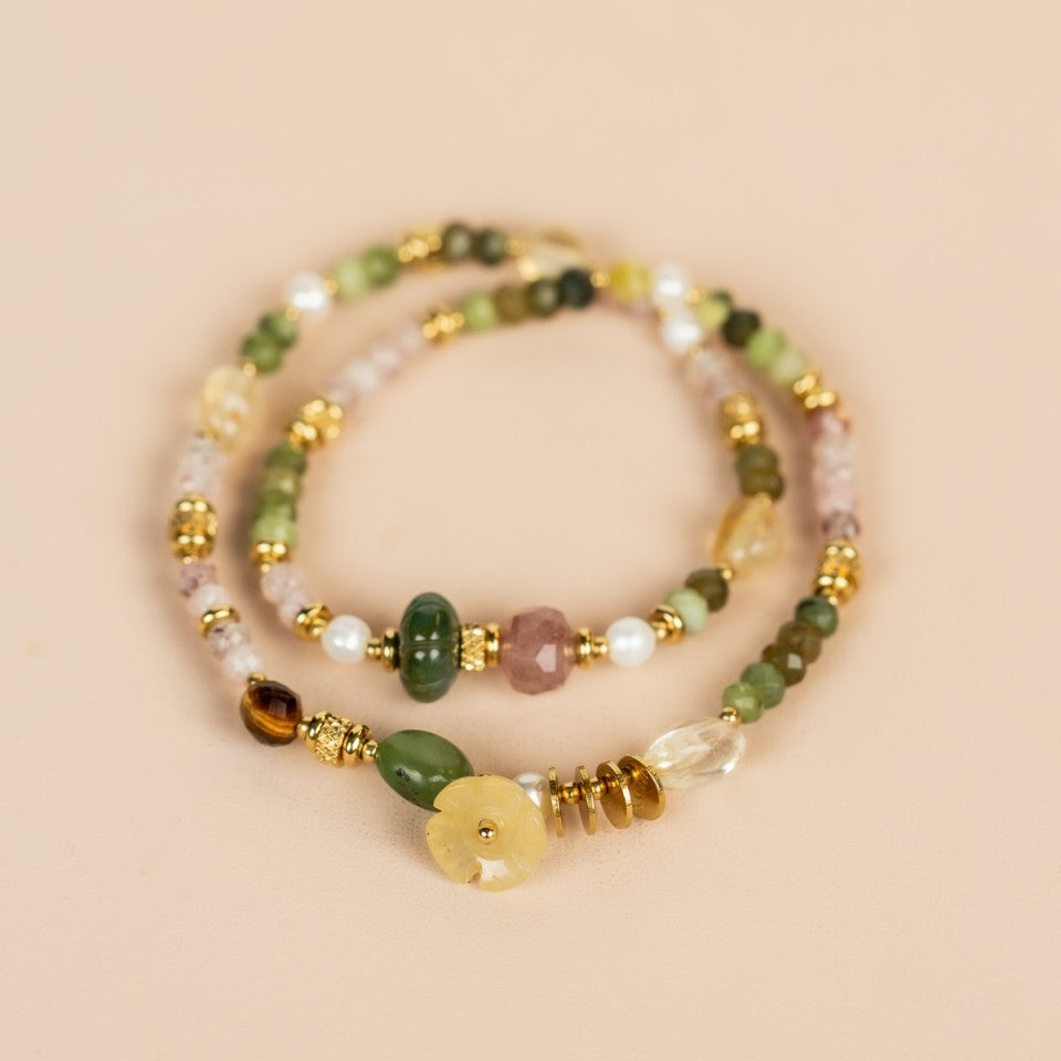 Elastic Wrap Bracelet Strawberry Quartz, Green Jade, Yellow Opal and Citrine