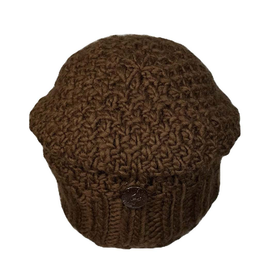 A brown chunky knit beanie hat with a ribbed brim and a small round button closure, sheep's wool