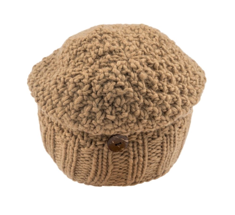 A chunky knit winter beanie in a warm taupe colour, featuring a textured crown and a ribbed brim with a small brown button closure