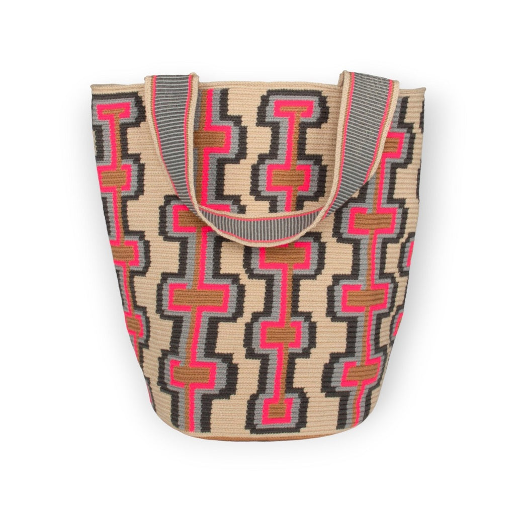 geometric tote bag Guajii design Wayuu Colombia neon pink