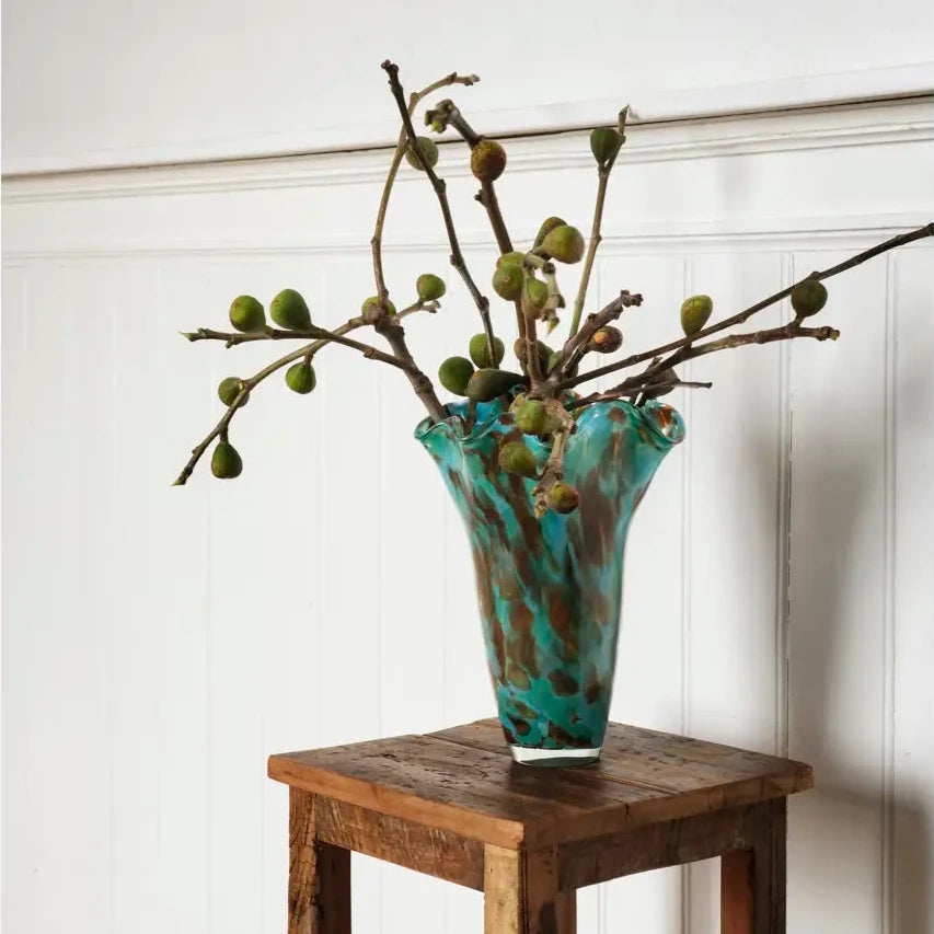 Glass vase with green brown blue marbled pattern 