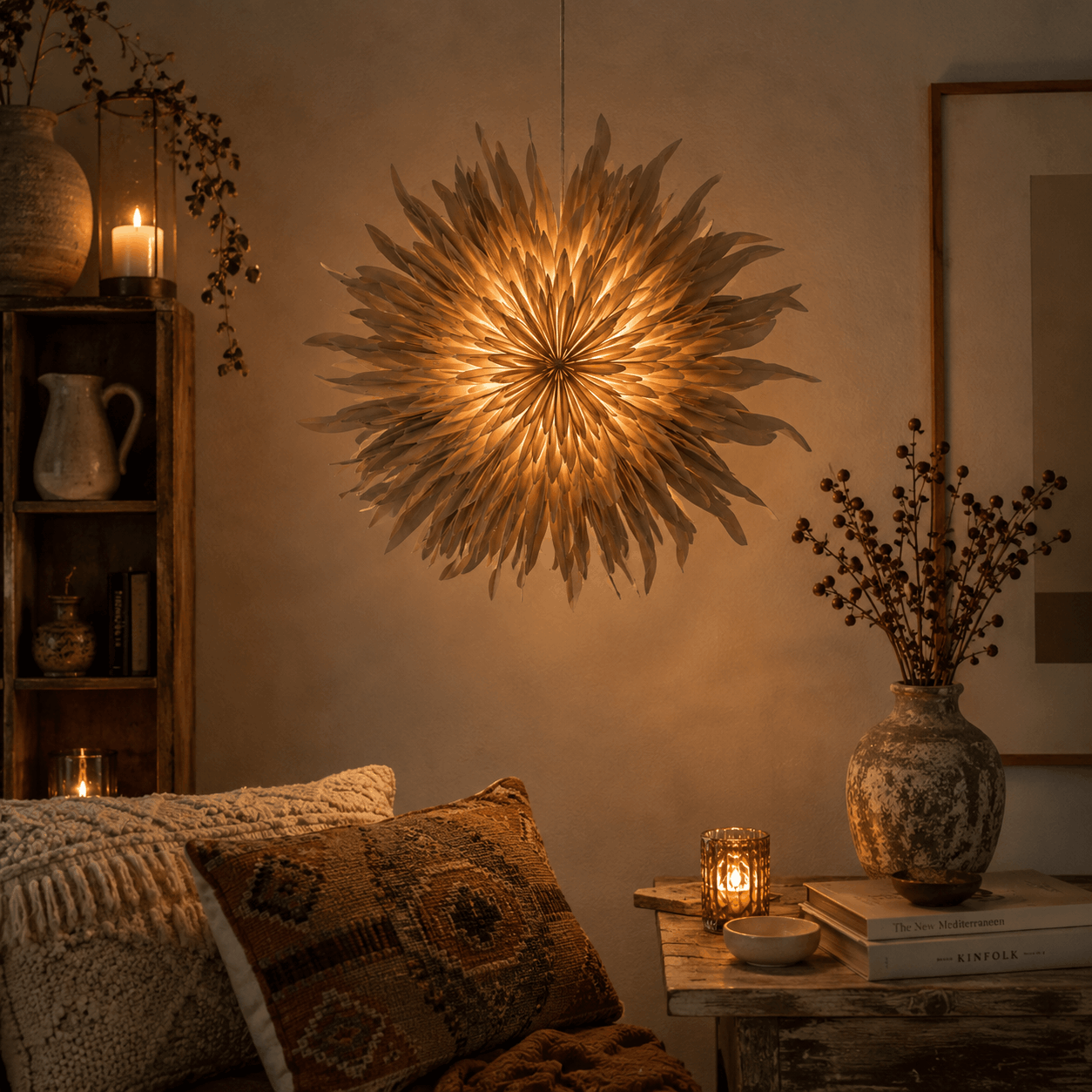 A bohemian-style hanging pendant light with a sunburst design made of paper, glowing warmly in a cosy, dimly lit room with candles and decorative pillows.