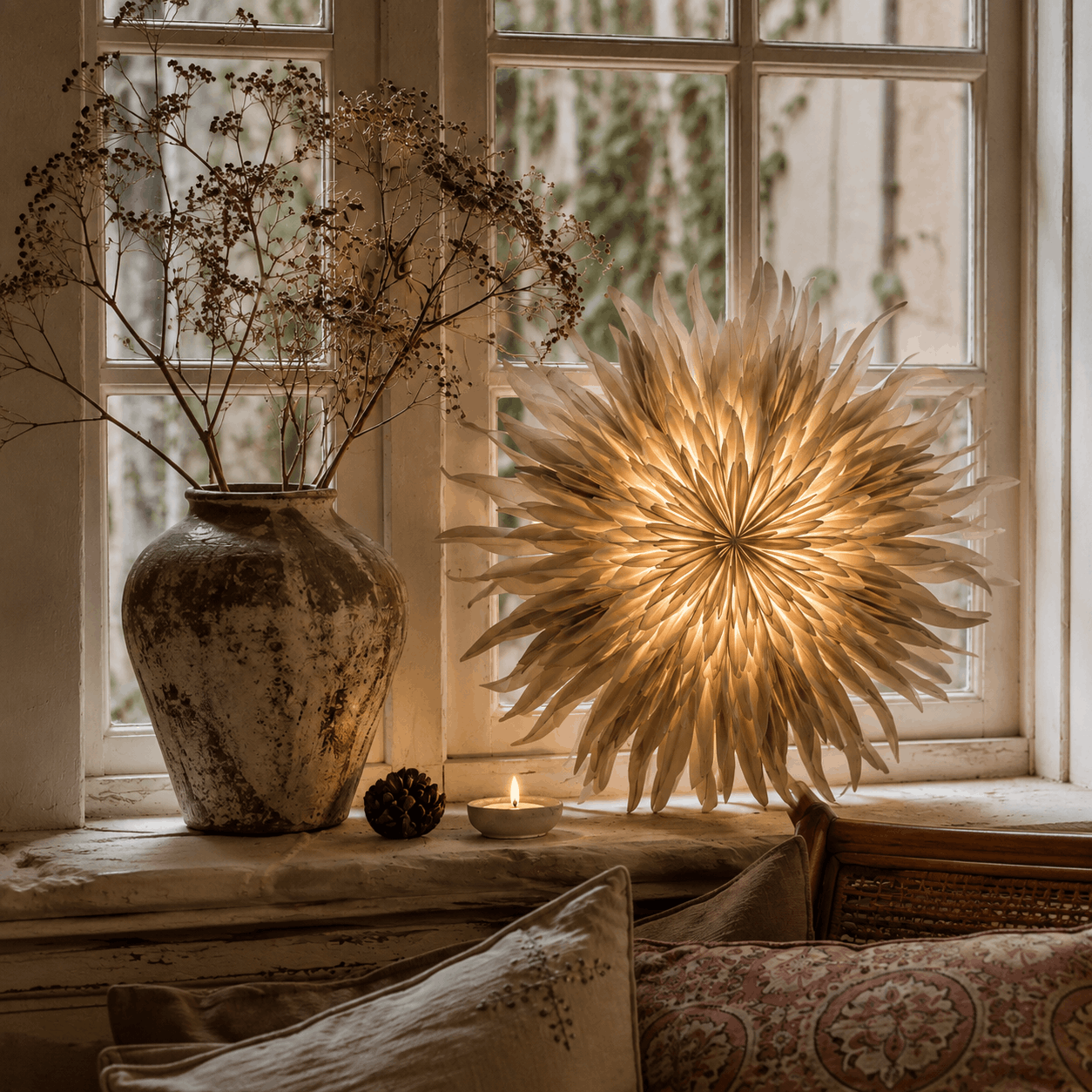 A glowing starburst table lamp made of layered paper or fabric petals sits on a windowsill in a warm, rustic room.
