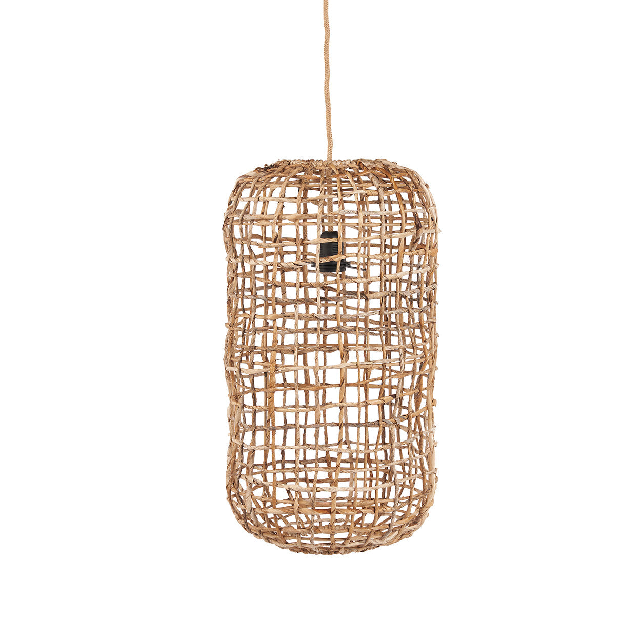 Woven rattan pendant light on a white background