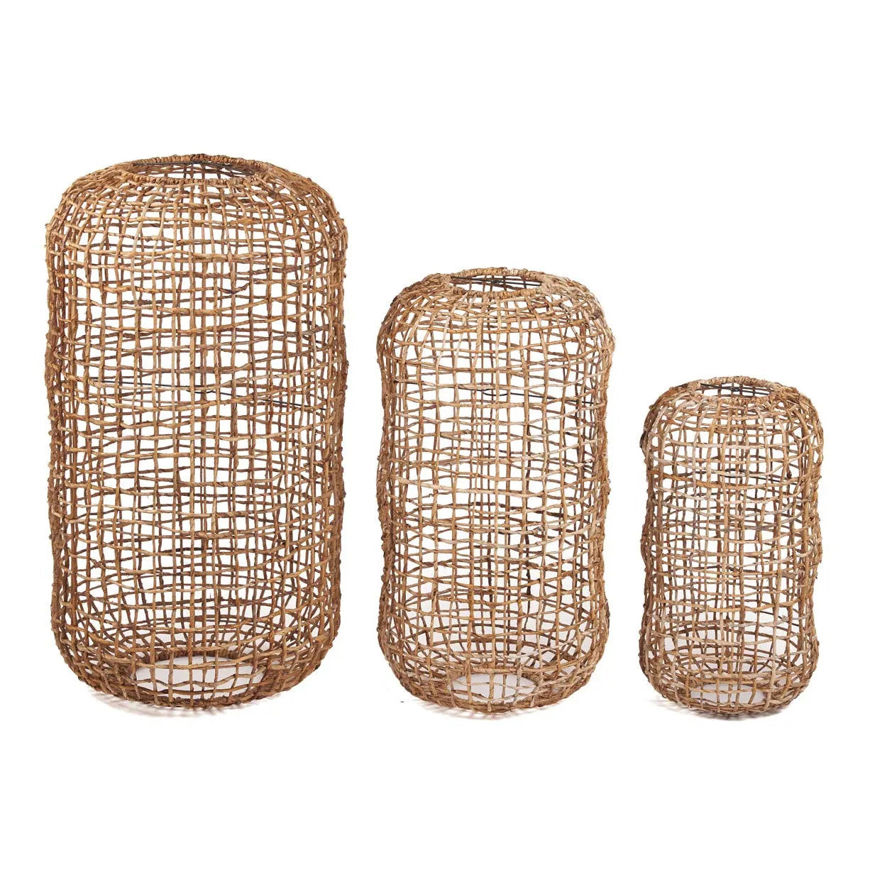 Close-up of a woven rattan lampshade with a black metal hook and cable.