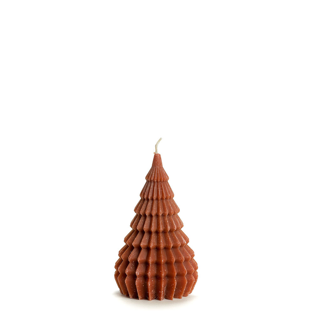 A textured, tree-shaped candle in a warm terracotta brown colour by Rustik Lys