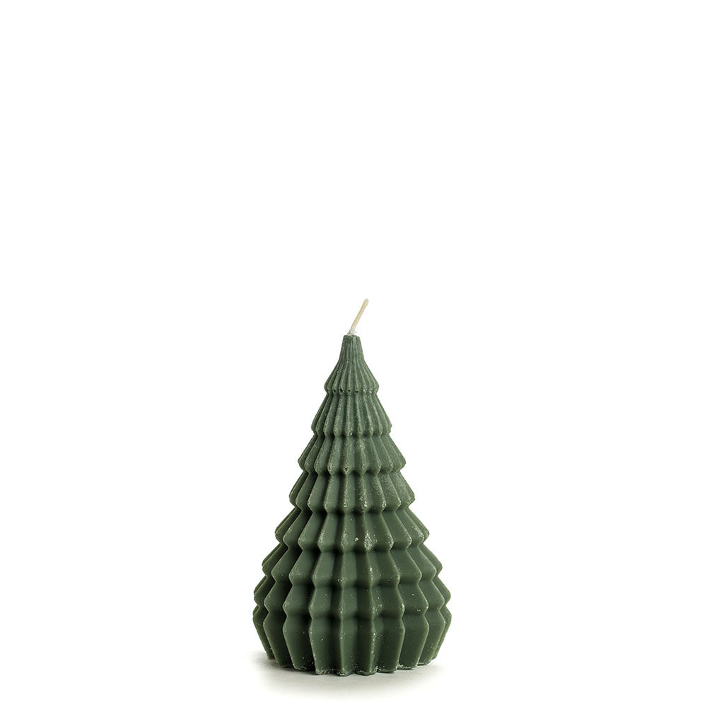 A dark green Christmas tree-shaped candle with a textured, ribbed surface and a single white wick