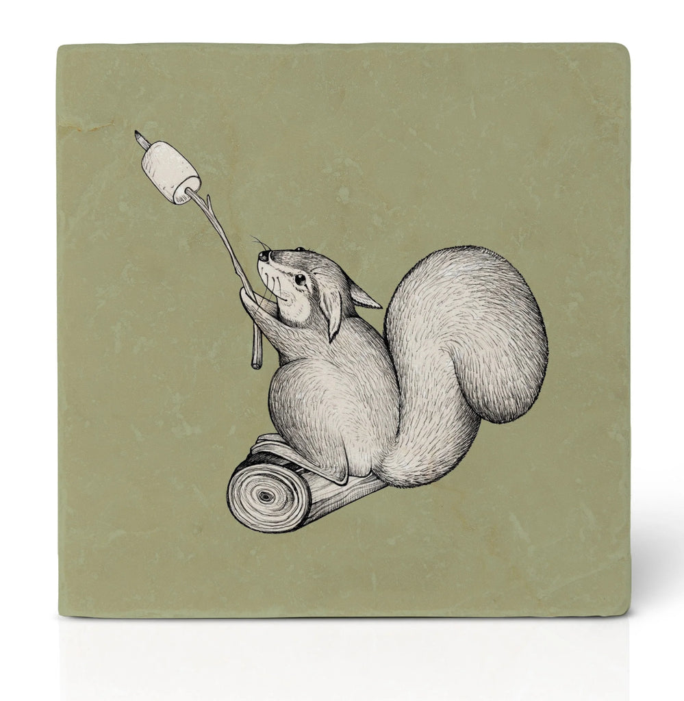 tile coaster with illustration of a squirrel roasting a marshmallow on a stick with a green background