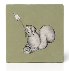 tile coaster with illustration of a squirrel roasting a marshmallow on a stick with a green background