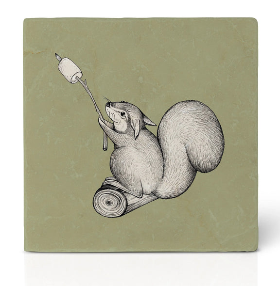 tile coaster with illustration of a squirrel roasting a marshmallow on a stick with a green background