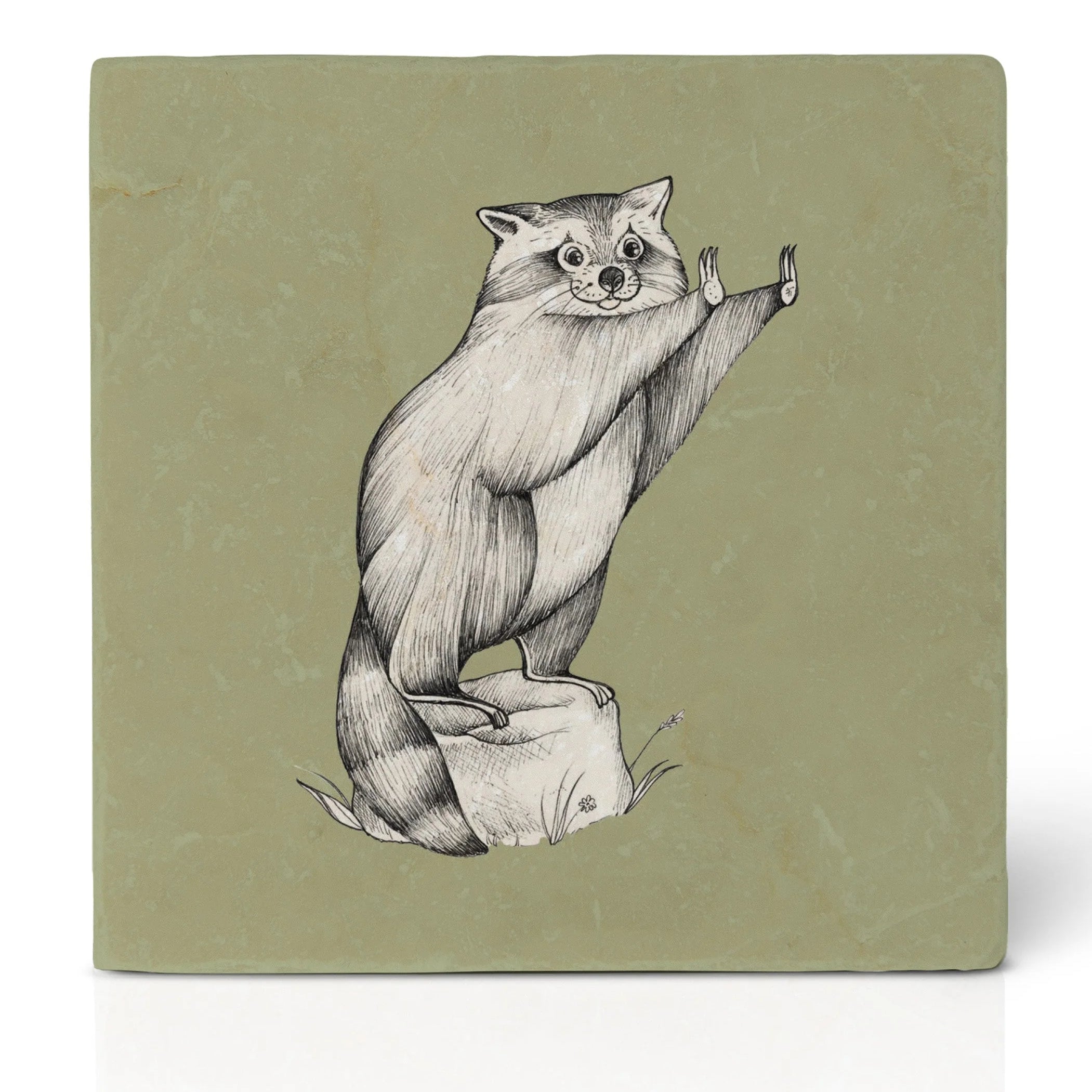 Ligarti Natursteinfliesen-Untersetzer Waschbär am Lagerfeuer