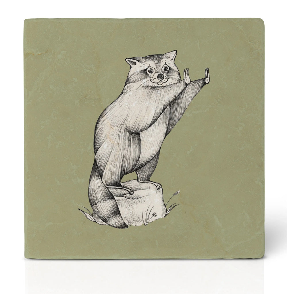 Ligarti natural stone tile coaster raccoon by campfire