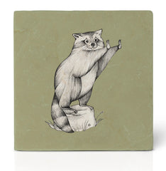 Ligarti natural stone tile coaster raccoon by campfire