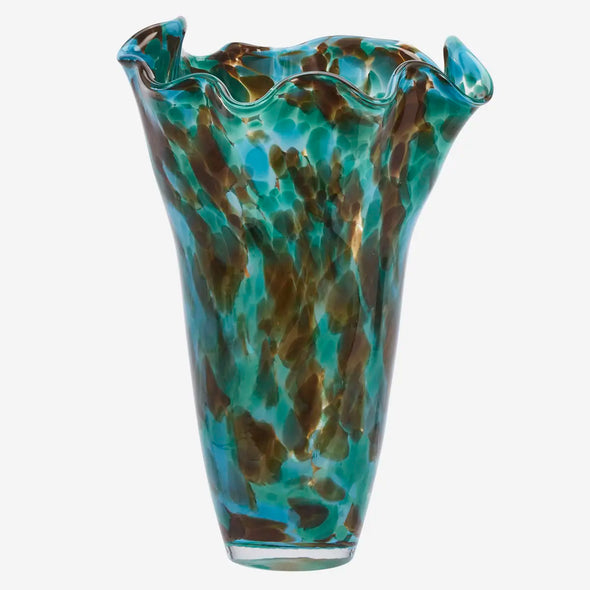 Glass vase with green brown blue marbled pattern 