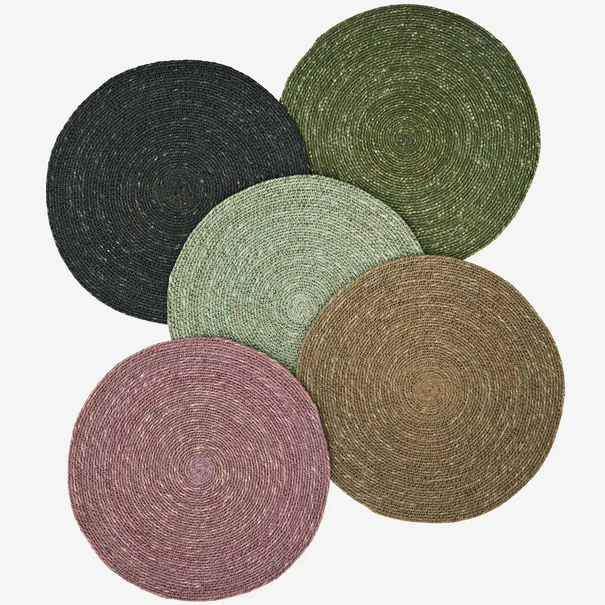 Set of five round woven placemats in various colours