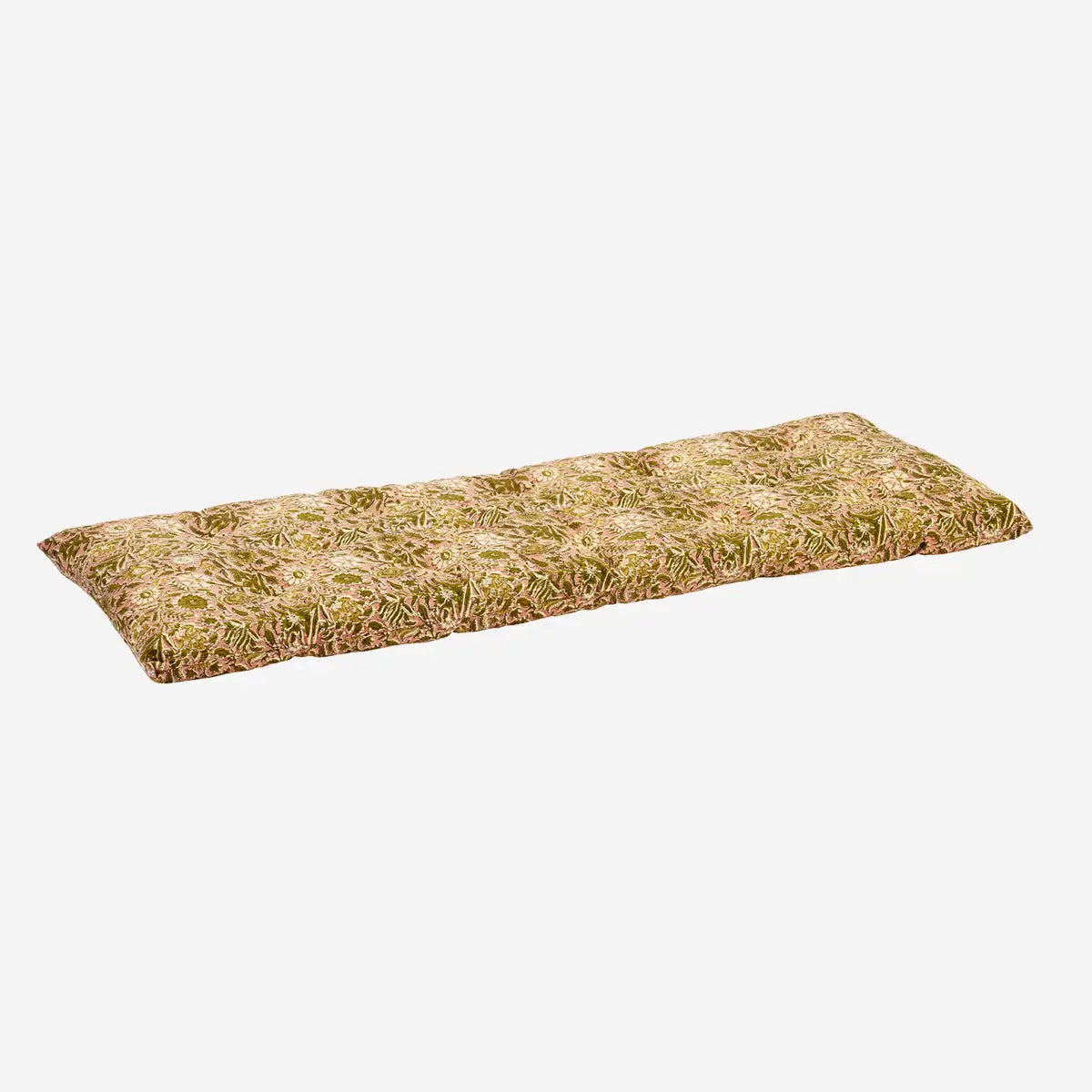 A rectangular outdoor cushion with a floral print