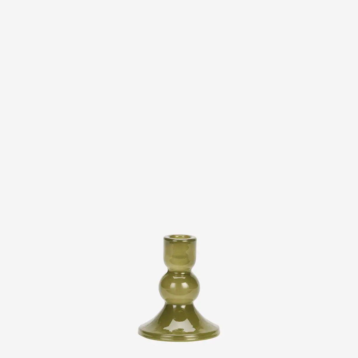 A small olive green glass candlestick holder with a flared base and a bulbous center