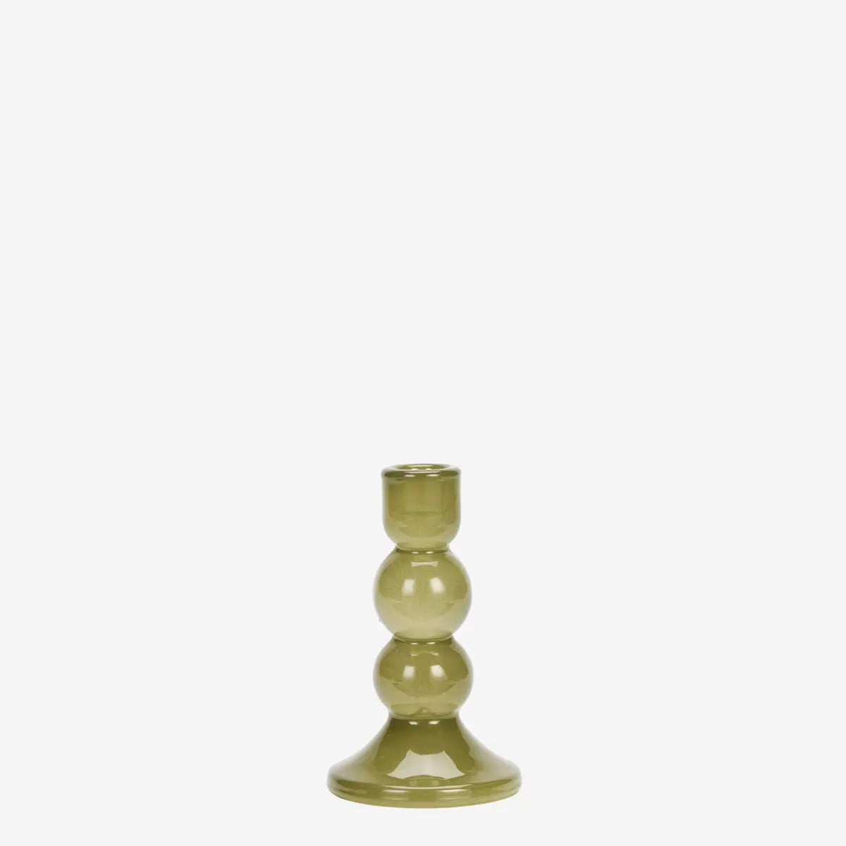 A small glossy ceramic candlestick holder with a three-bulb design in a muted olive green color, set against a plain white background.