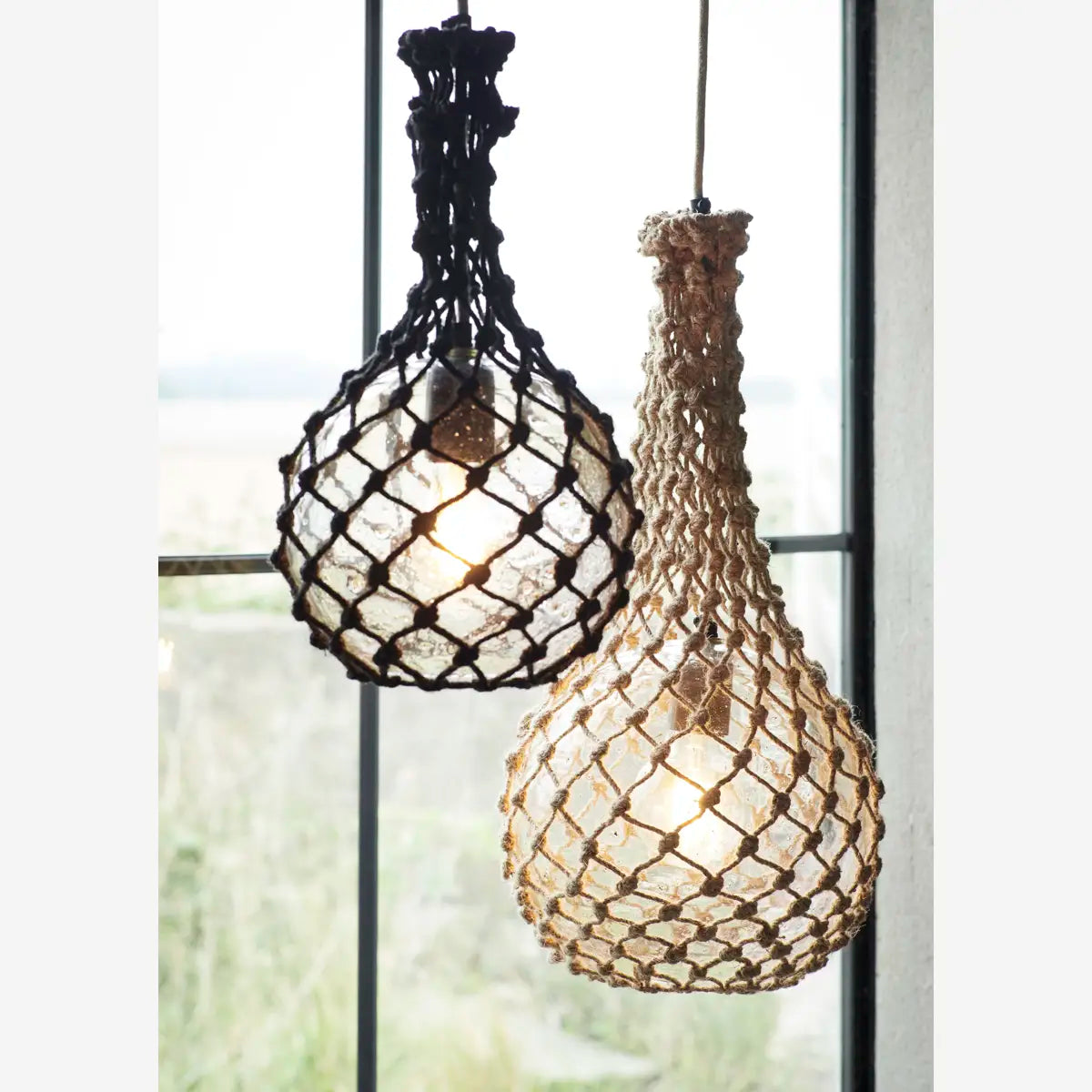 Madam Stoltz glass ceiling lamp with jute net natural