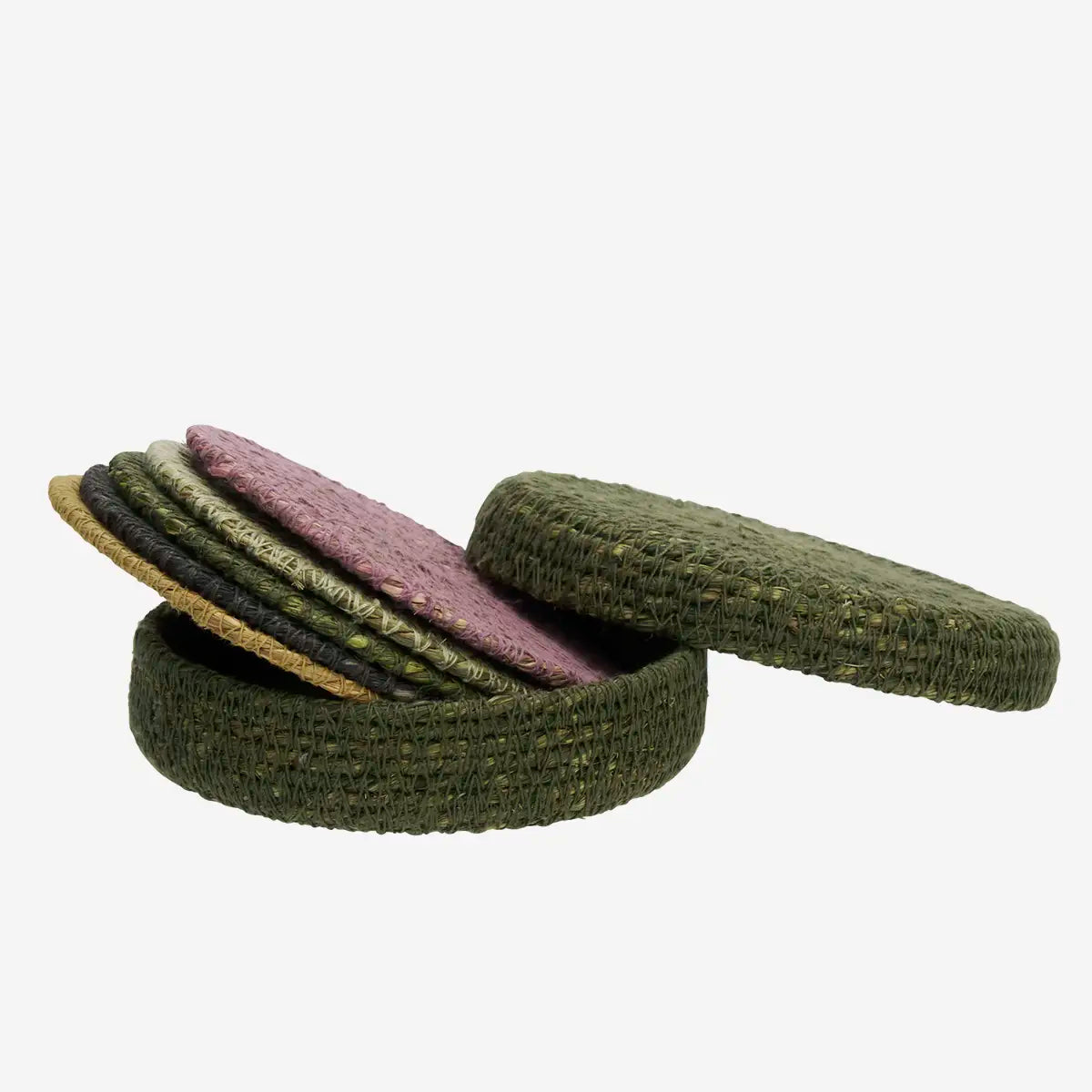 Set of round, textured, seagrass coasters in various colours