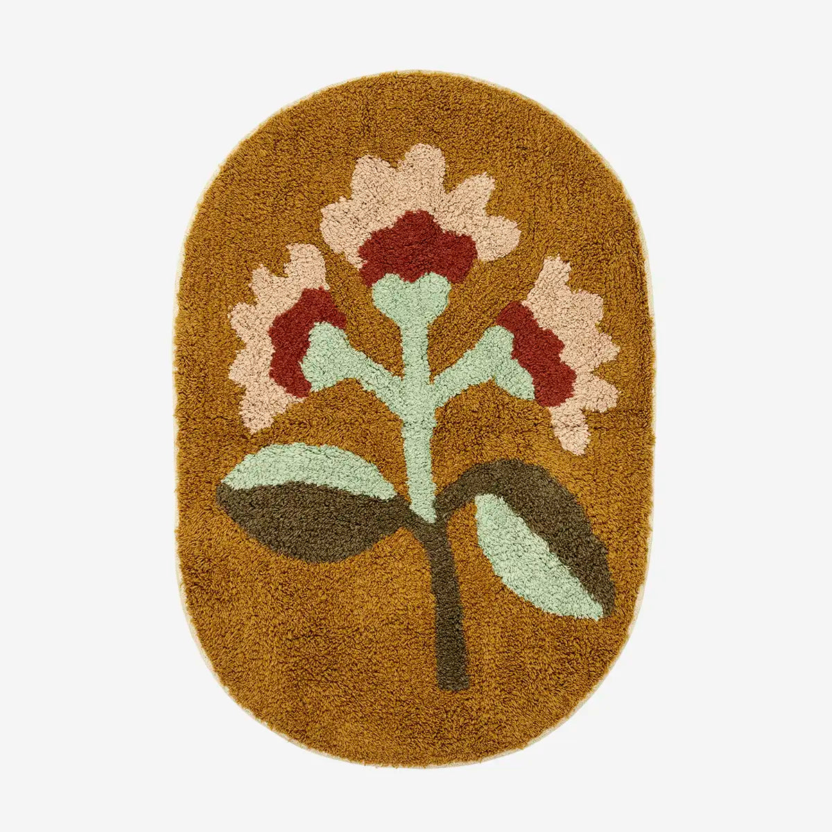 Madam Stoltz tufted bath mat oval floral mustard
