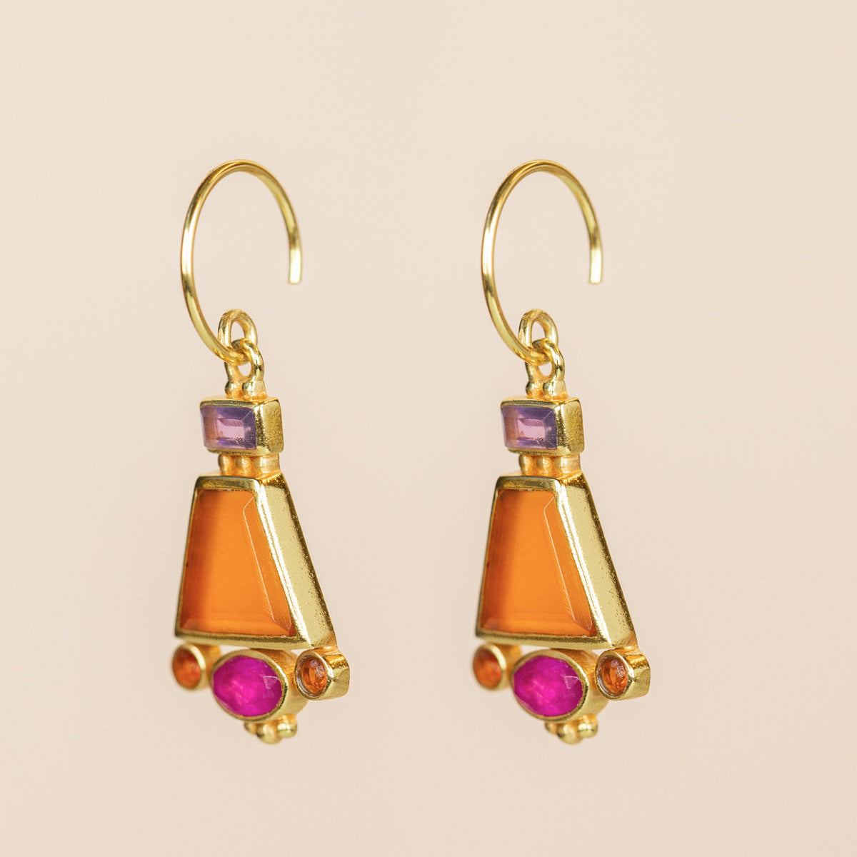 Gold earrings with orange, pink, and purple stones
