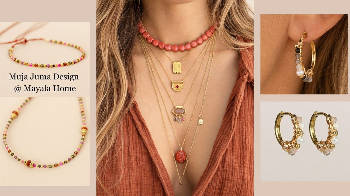 A collage showing layered gold necklaces and gold hoop earrings with colourful beads and small charms, worn by a model. Muja Juma.