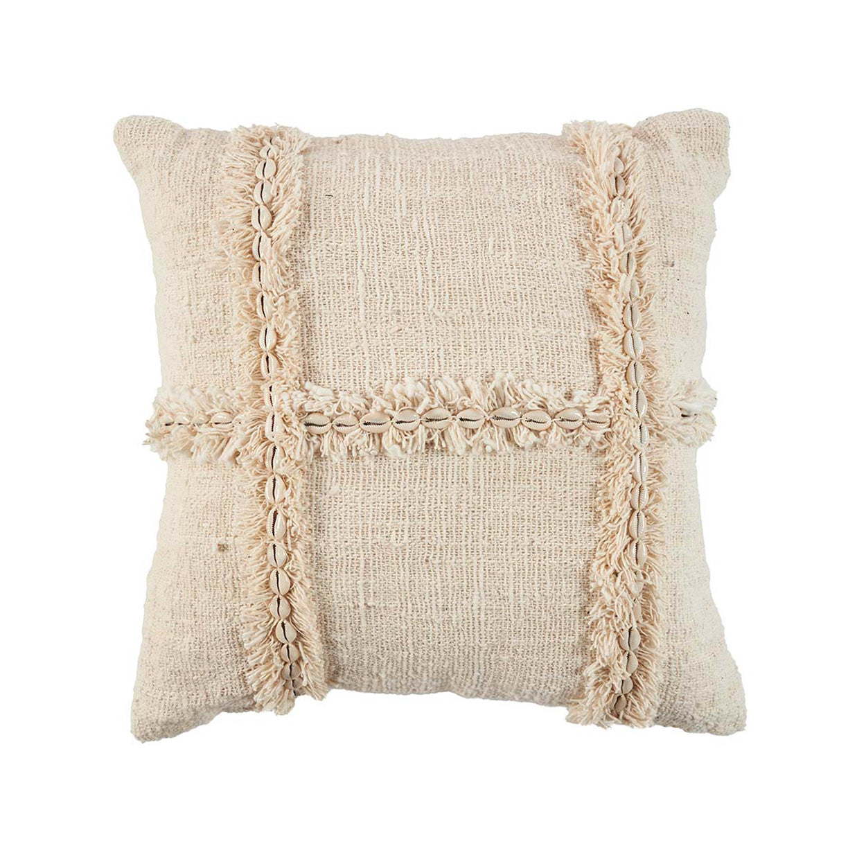 Beige cushion with decorative shell pattern by Bazar Bizar