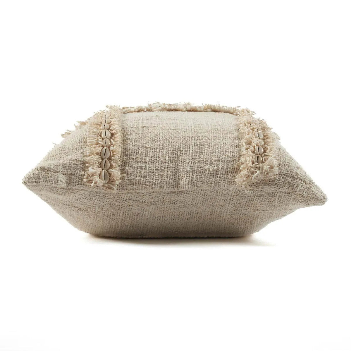 Textured beige cushion with decorative elements