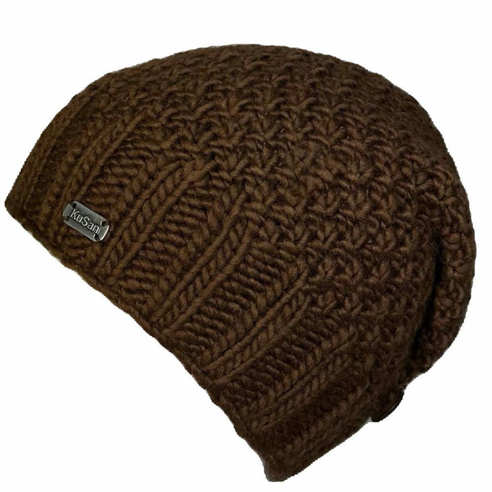 A brown textured knit beanie hat with a small metal brand tag reading 'KuSan' on the side