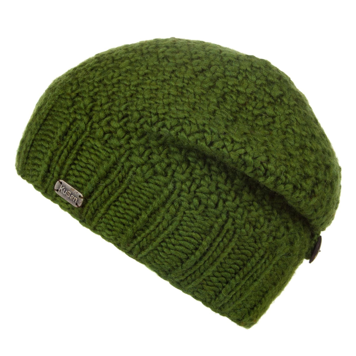 An olive green chunky knit beanie hat with a fold-over cuff and a small metal brand tag reading 'KuSan'.