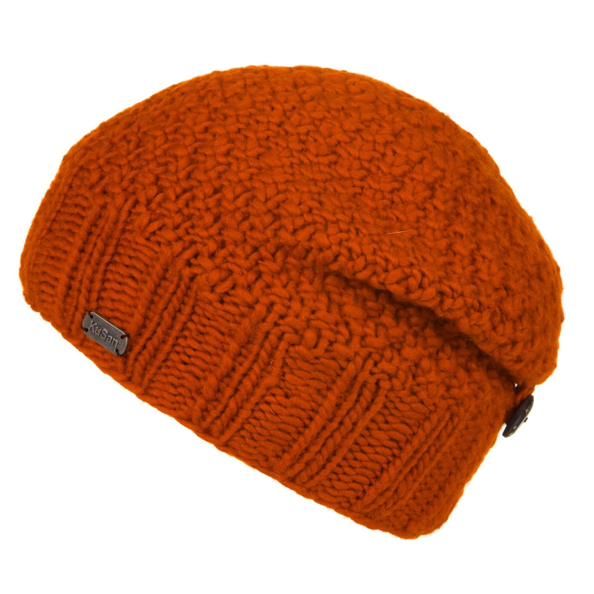 An orange chunky knit beanie hat with a textured cable pattern and a small metal Kusan brand tag on the side.