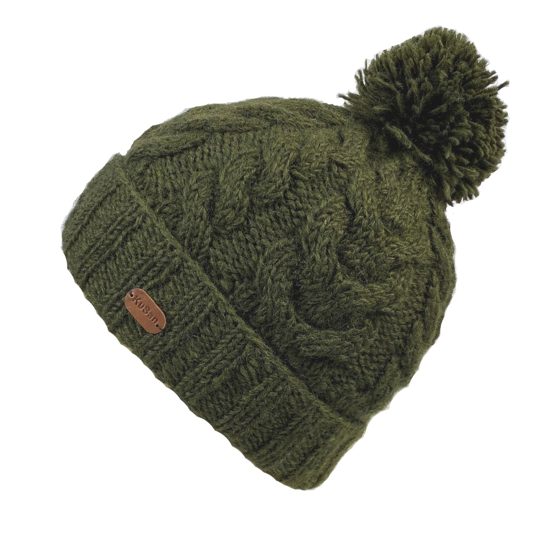 An khaki green cable-knit beanie hat with a matching pom-pom and a small brown leather brand patch that reads 'KuSan'.