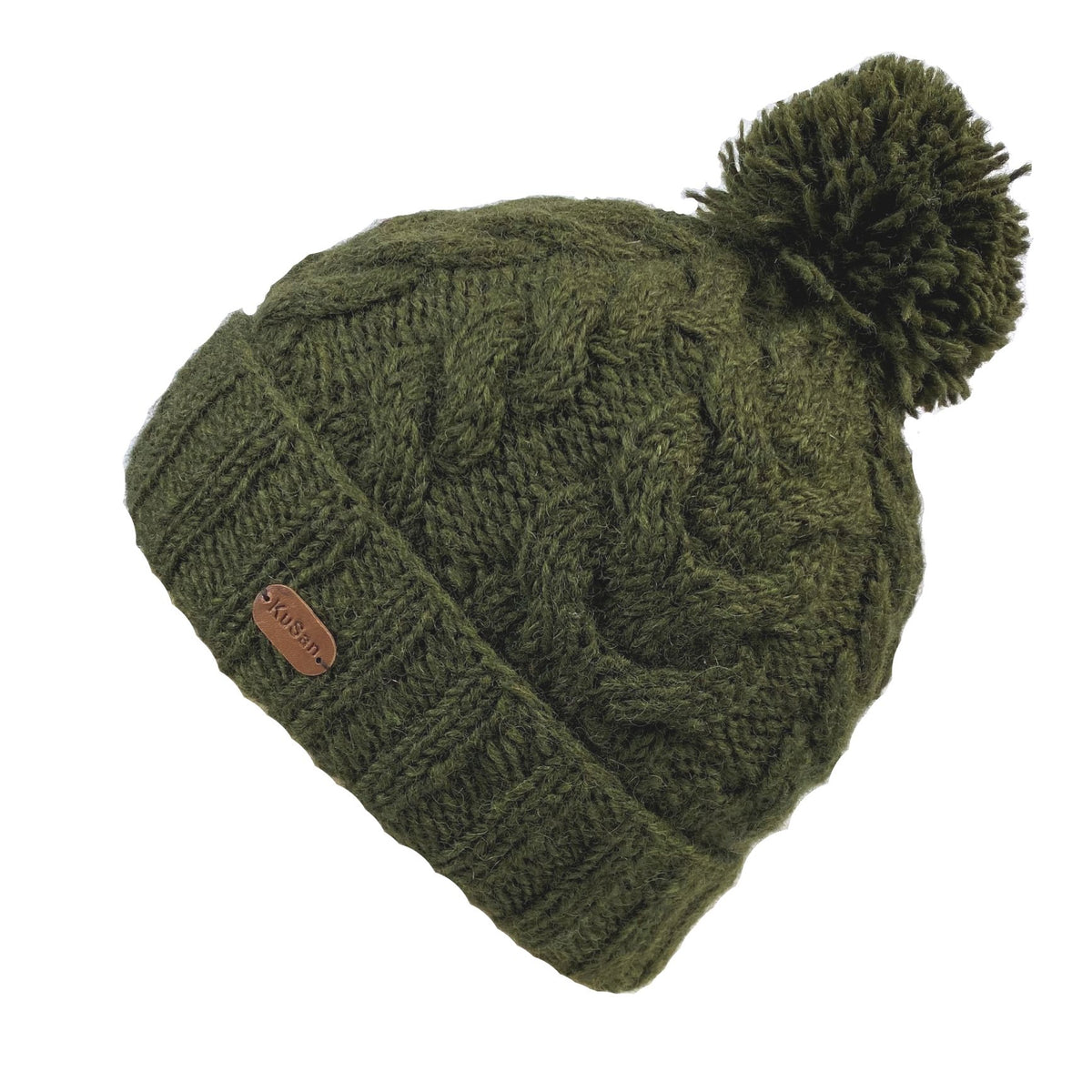 An khaki green cable-knit beanie hat with a matching pom-pom and a small brown leather brand patch that reads 'KuSan'.