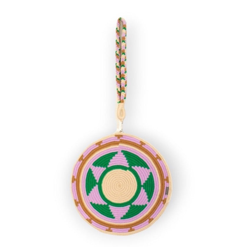 sac rond géométrique lilas design Guajii Wayuu Colombie