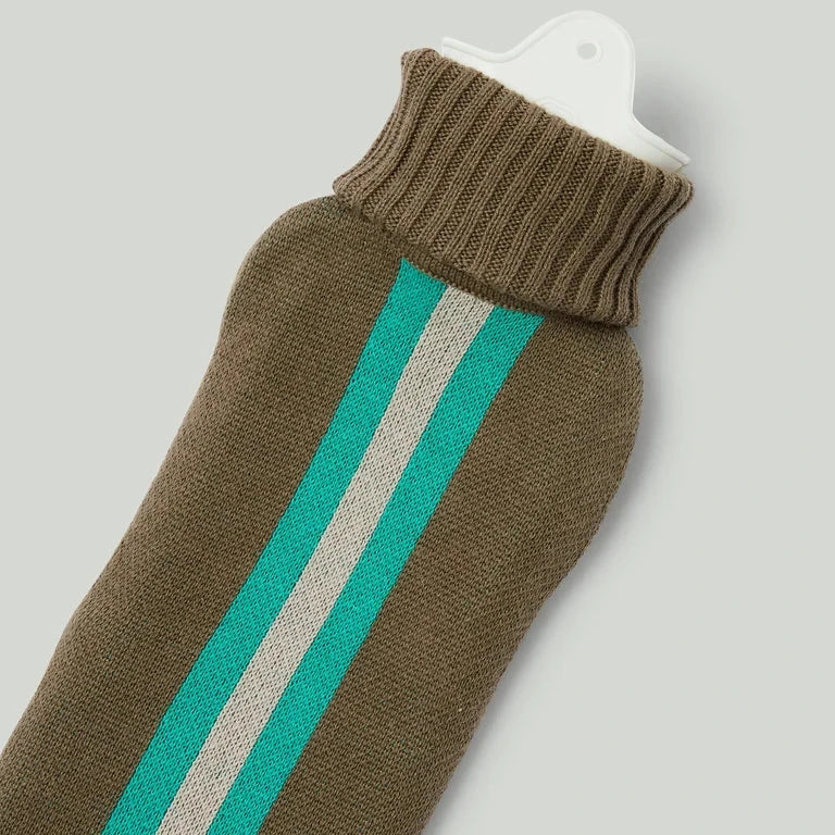 Brown knit hot water bottle cover with green and gray stripes SUITE702