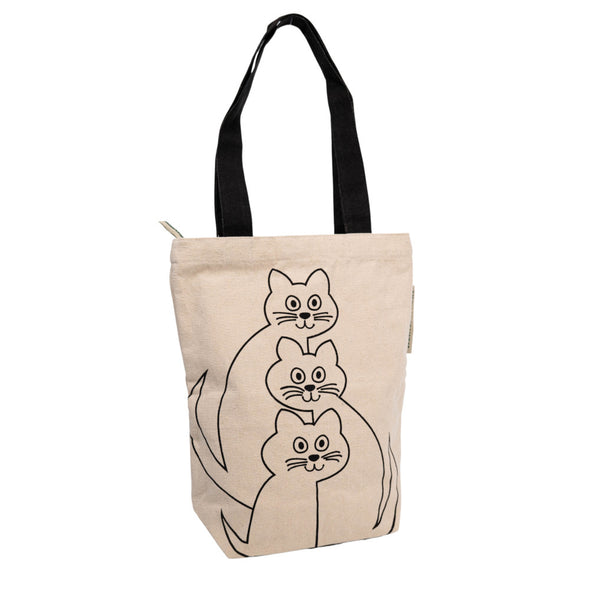 Beige tote bag with black cat illustrations No More Plastic Bags recycled cotton