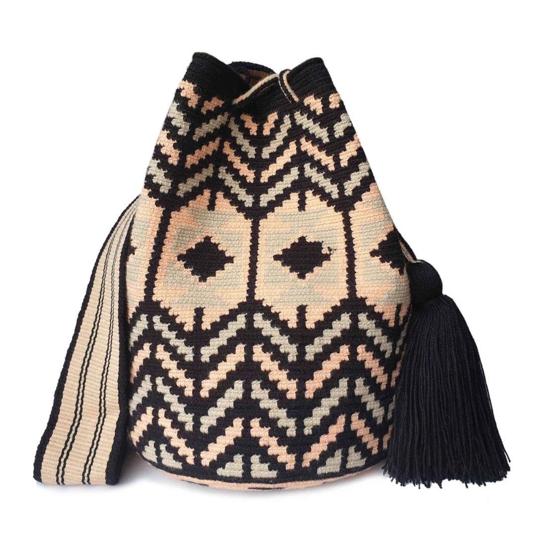 Sac Wayuu bandoulière noir gris rose L