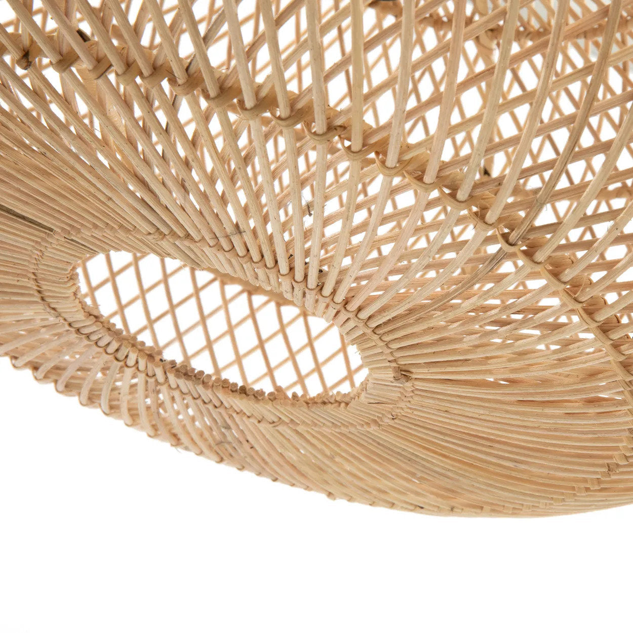 Close-up of a woven rattan ceiling light