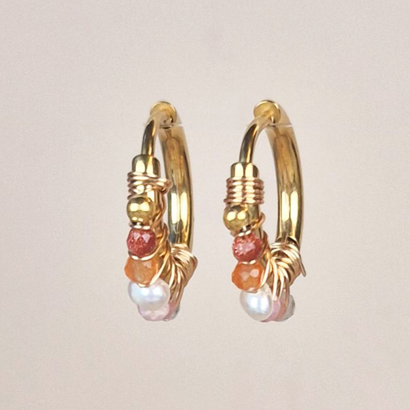 Gold hoop earrings with pearls and red gemstones Muja Juma
