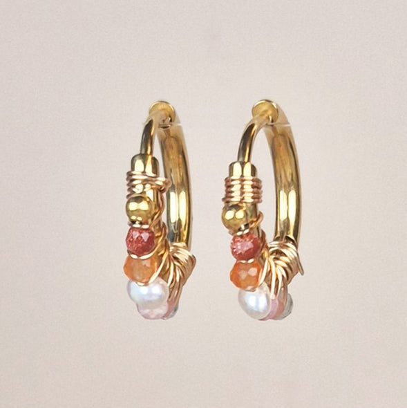 Gold hoop earrings with pearls and red gemstones Muja Juma