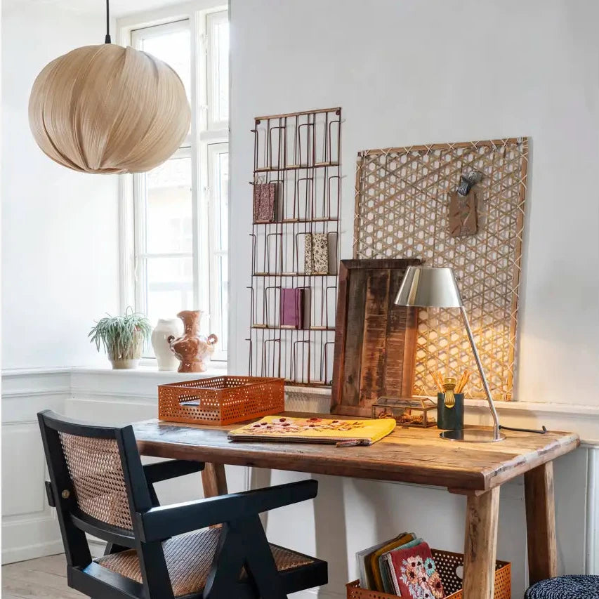 desk space with bamboo ceiling lamp