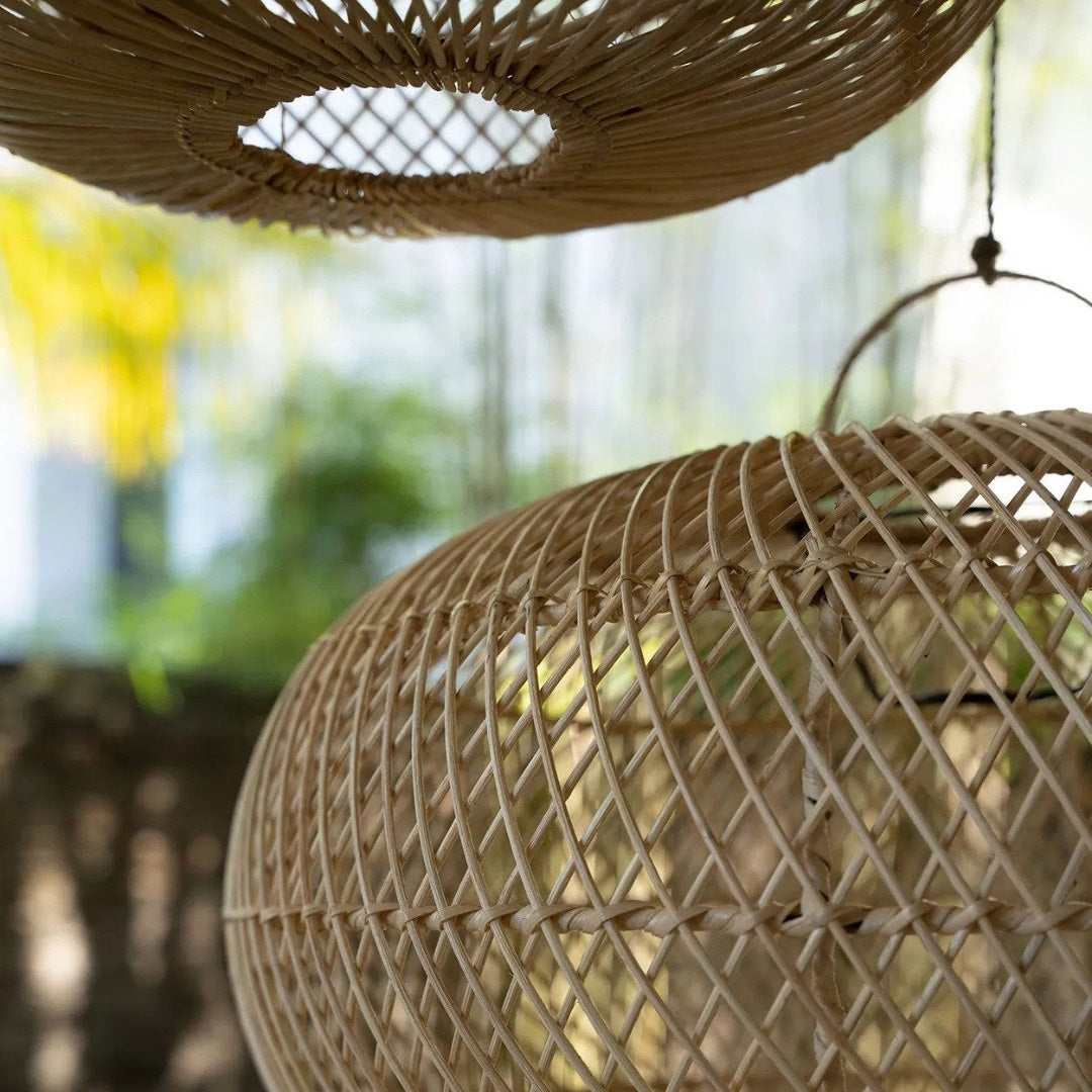Close-up of woven rattan lampshades