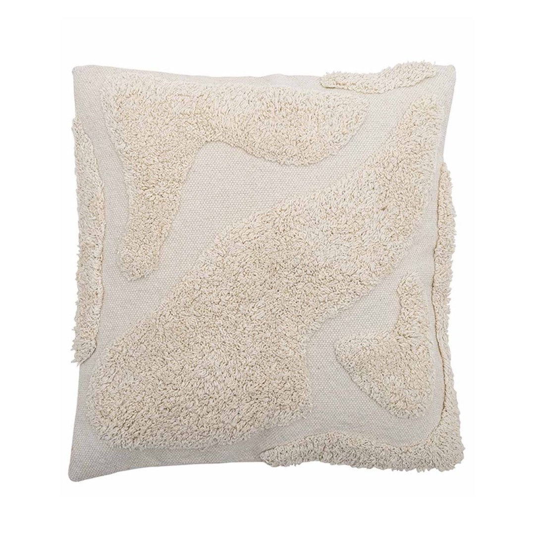 A square throw pillow in a warm cream or off-white colour, featuring a textured abstract pattern