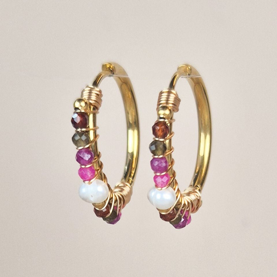 Gold hoop earrings with multicoloured beads ruby mixed gems