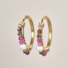 Gold hoop earrings with multicoloured beads ruby mixed gems